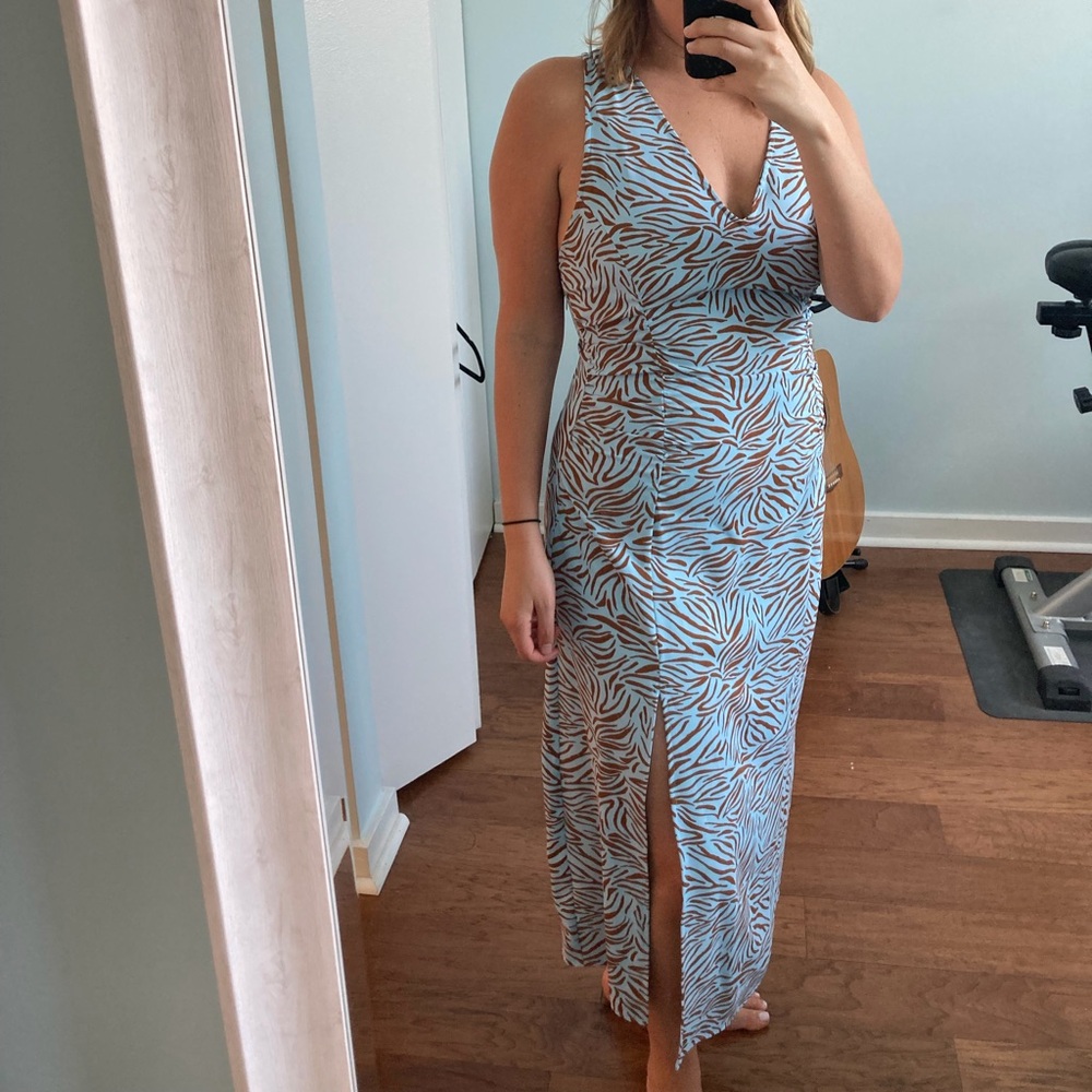NWT Zara blue and brown Zebra Print vneck ruched midi Dress with slit